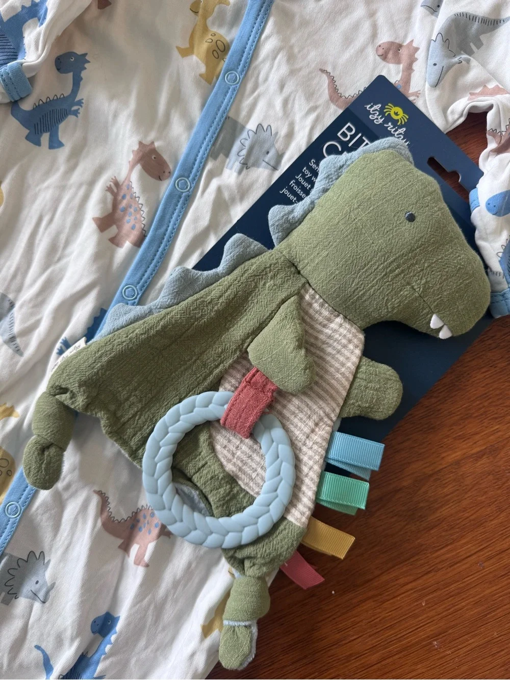 Kissy Kissy Dino Print Gown + Itzy Ritzy Dinosaur Crinkle Toy Bundle | NWOT/NWT